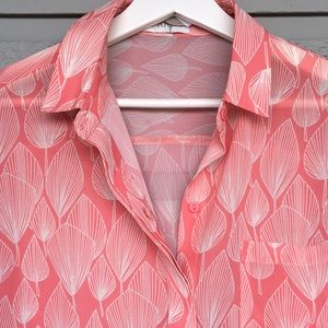 NWT JAPANESE BLOSSOM OVERSIZED BLOUSE CORAL/CREAM SEMI SHEER STRUCTURED LOOK